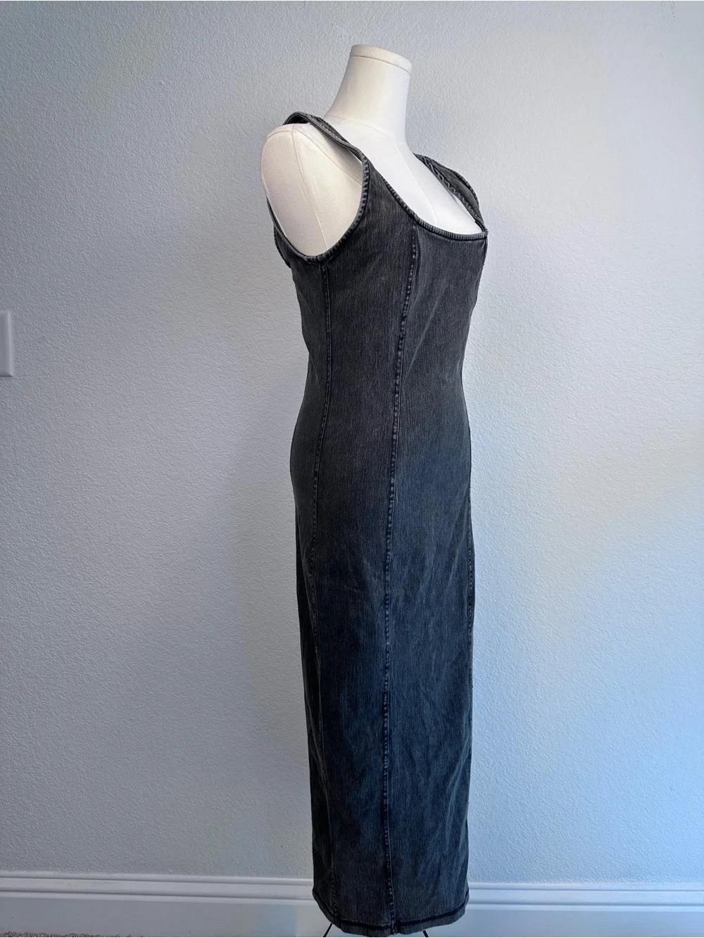 Good American Washed Black Stretch Denim Maxi Dress Size M